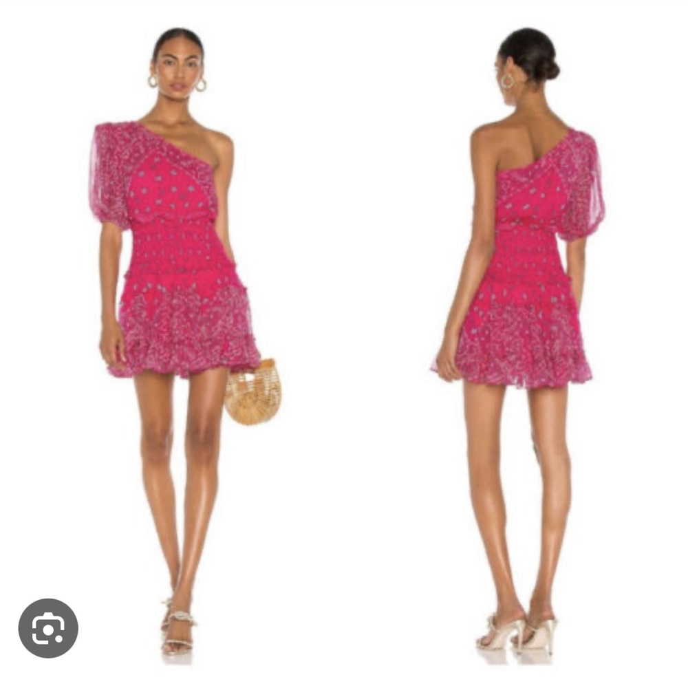 Rococo Sand Romani One Shoulder Smocked Mini Dress Hot Pink Size M